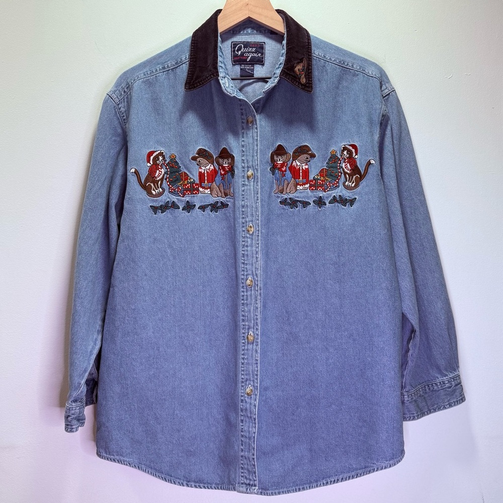 Vintage 90s Let’s Quiz Again Ugly Christmas Denim Shirt Western Cowboy‎ Cats L